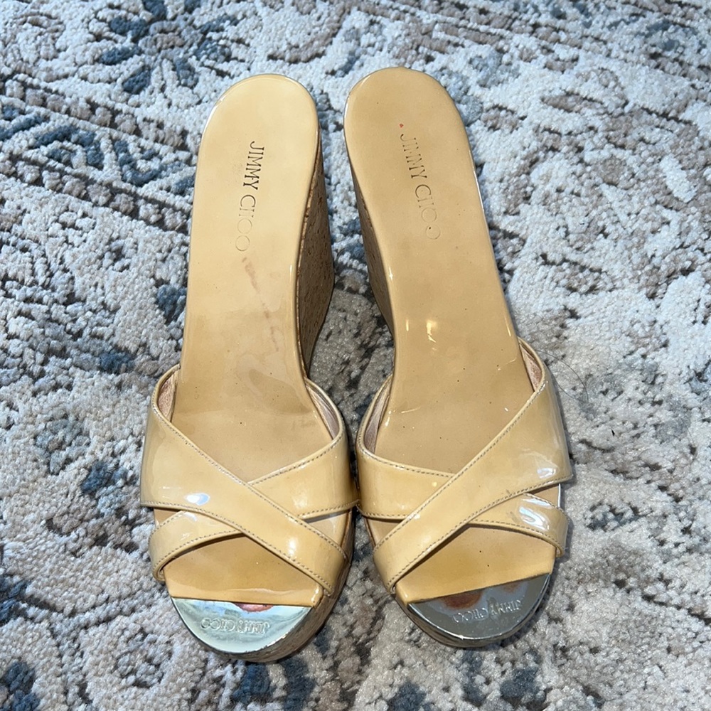 Jimmy choo cork wedges patent leather nude sz 37.5 euro